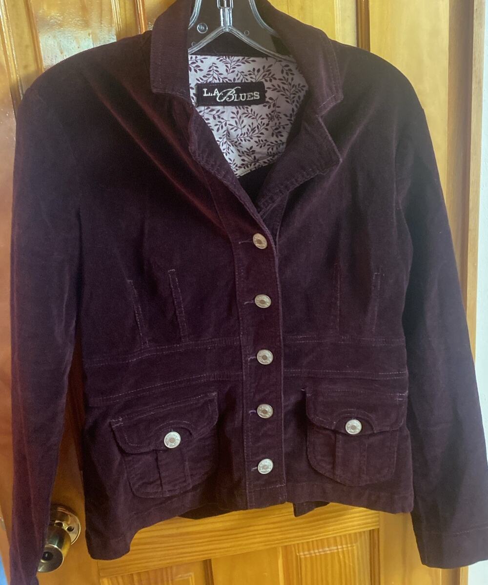 L.A. Blues Women Burgundy Corduroy Jacket SZ M Unlined Pockets Long Sleeve